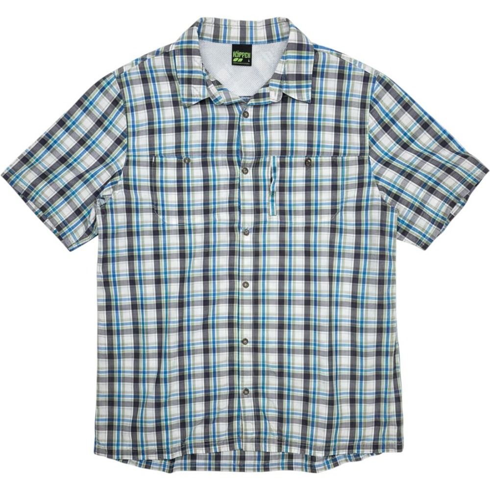 Koppen Mens Large Blue Green Plaid Short Sleeve Ventilated Hiking Fishing Shirt